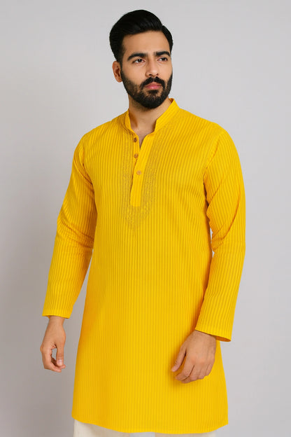 Lucknow Fashion Diary Hand Embroidered Lucknowi Chikankari Men's Yellow Cotton Kurta