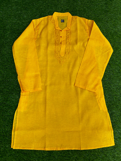 lucknowi chikankari Yellow ribbed long-sleeve shirt on a green textured background