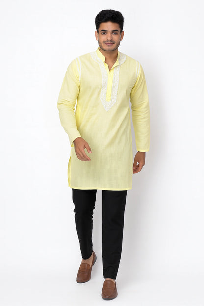 Lucknow Fashion Diary Hand Embroidered Lucknowi Chikankari Men's Yellow Cotton Kurta