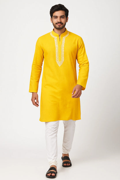 Lucknow Fashion Diary Hand Embroidered Lucknowi Chikankari Men's Yellow Cotton Kurta