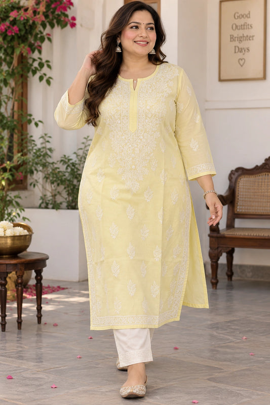 Lucknow Fashion Diary Hand Embroidered Lucknowi Chikankari Women's Plus Size Yellow Cotton Kurti 