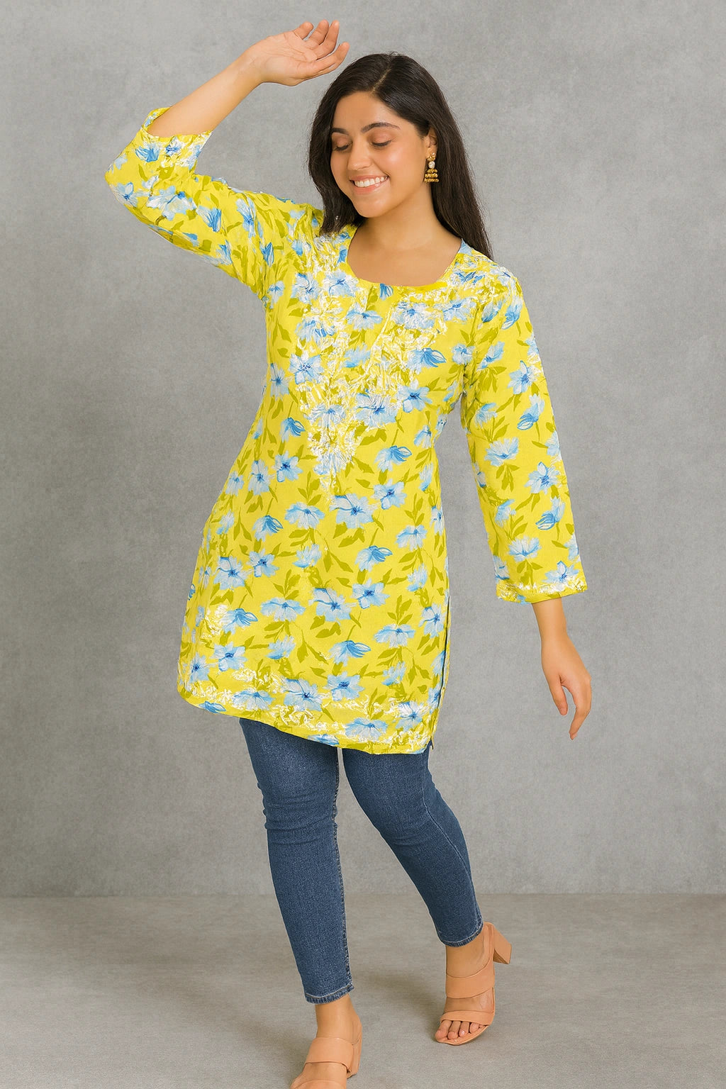Lucknow Fashion Diary Hand Embroidered Lucknowi Chikankari Women's Printed Yellow Cotton Short Kurti 