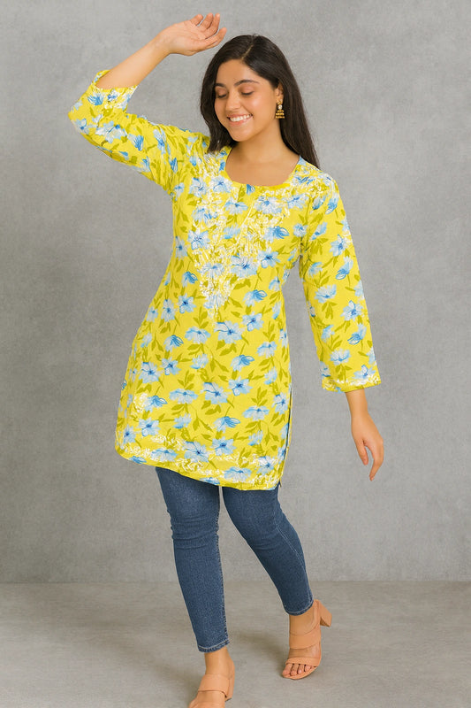 Lucknow Fashion Diary Hand Embroidered Lucknowi Chikankari Women's Printed Yellow Cotton Short Kurti 