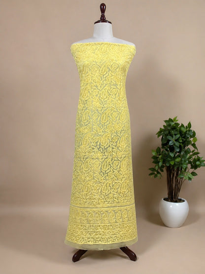 Lucknow Fashion Diary Hand Embroidered Lucknowi Chikankari Women's Unstitched Yellow Georgette Kurta Fabric 