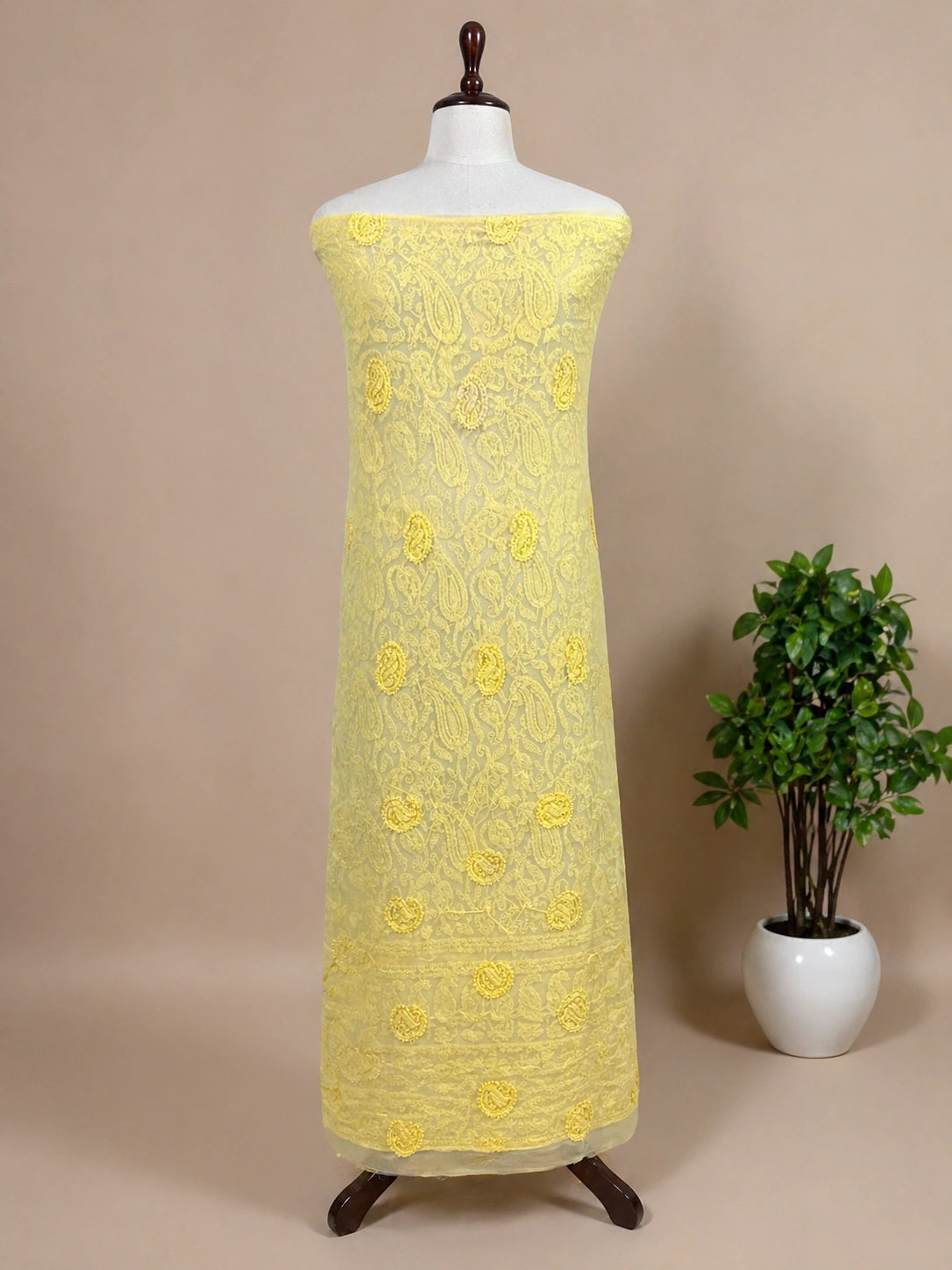 Lucknowi chikankari Yellow lace dress on a mannequin with a beige background and a plant.