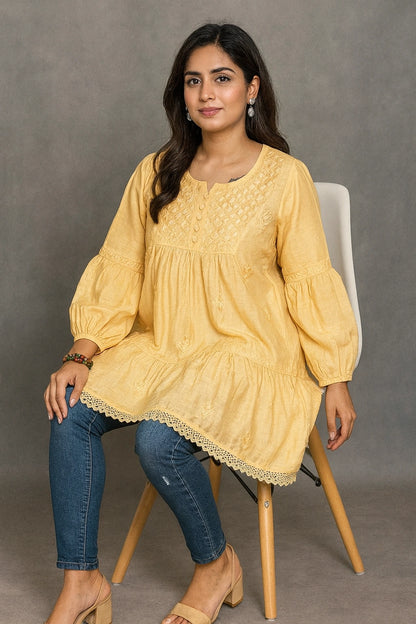 Lucknow Fashion Diary Hand Embroidered Lucknowi Chikankari Women's Yellow Muslin Short Kurti 