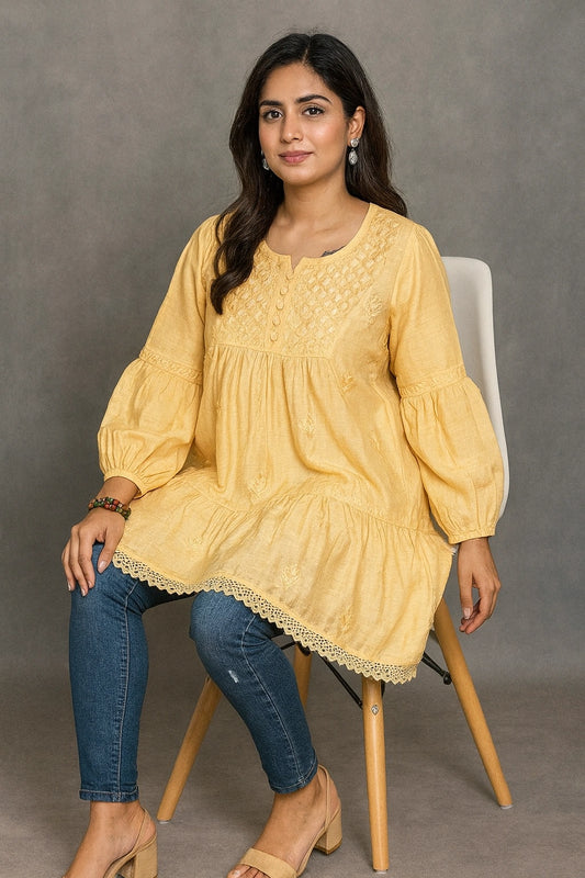 Lucknow Fashion Diary Hand Embroidered Lucknowi Chikankari Women's Yellow Muslin Short Kurti 