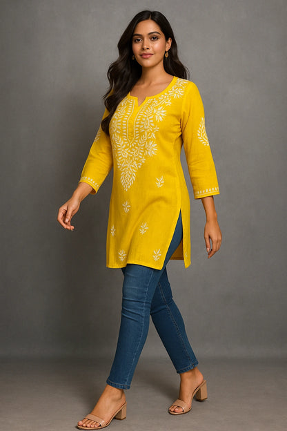 Lucknow Fashion Diary Hand Embroidered Lucknowi Chikankari Women's Yellow Rayon Short Kurti 