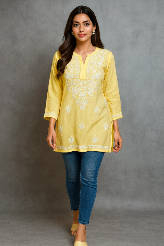 Lucknow Fashion Diary Hand Embroidered Lucknowi Chikankari Women's Yellow Rayon Short Kurti 