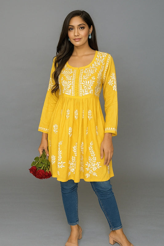 Lucknow Fashion Diary Hand Embroidered Lucknowi Chikankari Women's Yellow Modal Short Kurti 