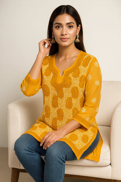 Lucknow Fashion Diary Hand Embroidered Lucknowi Chikankari Women's Yellow georgette Short Kurti 