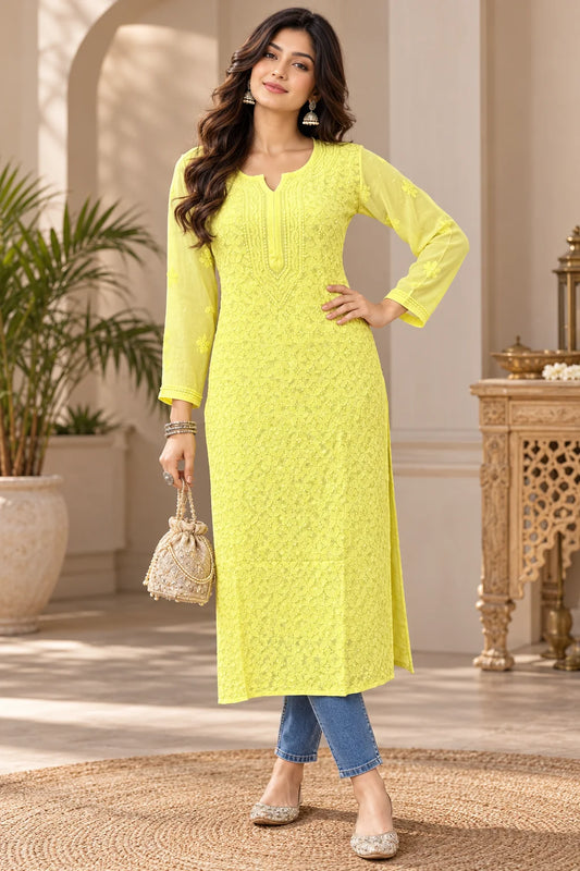 Lucknow Fashion Diary Hand Embroidered Lucknowi Chikankari Women's Yellow Viscose Kurta