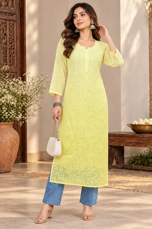 Lucknow Fashion Diary Hand Embroidered Lucknowi Chikankari Women's Yellow Viscose Kurta