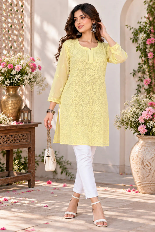 Lucknow Fashion Diary Hand Embroidered Lucknowi Chikankari Women's Yellow Viscose Short Kurti 