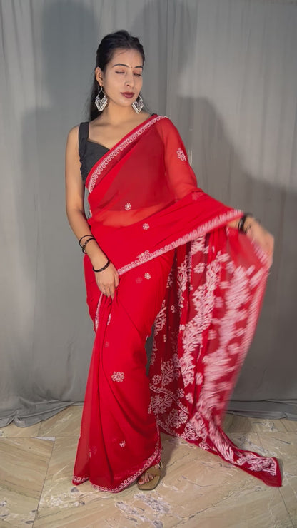 Lucknowi Chikankari Red Georgette Saree (With Blouse)-S00001