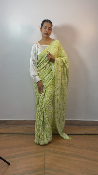 Lucknowi Chikankari Yellow Georgette Saree (With Blouse)-PF100010